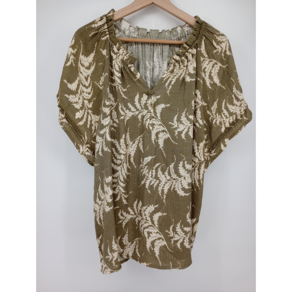 Unbranded Blouse Women Large Olive Green Leaf Print Henley Short Sleeve